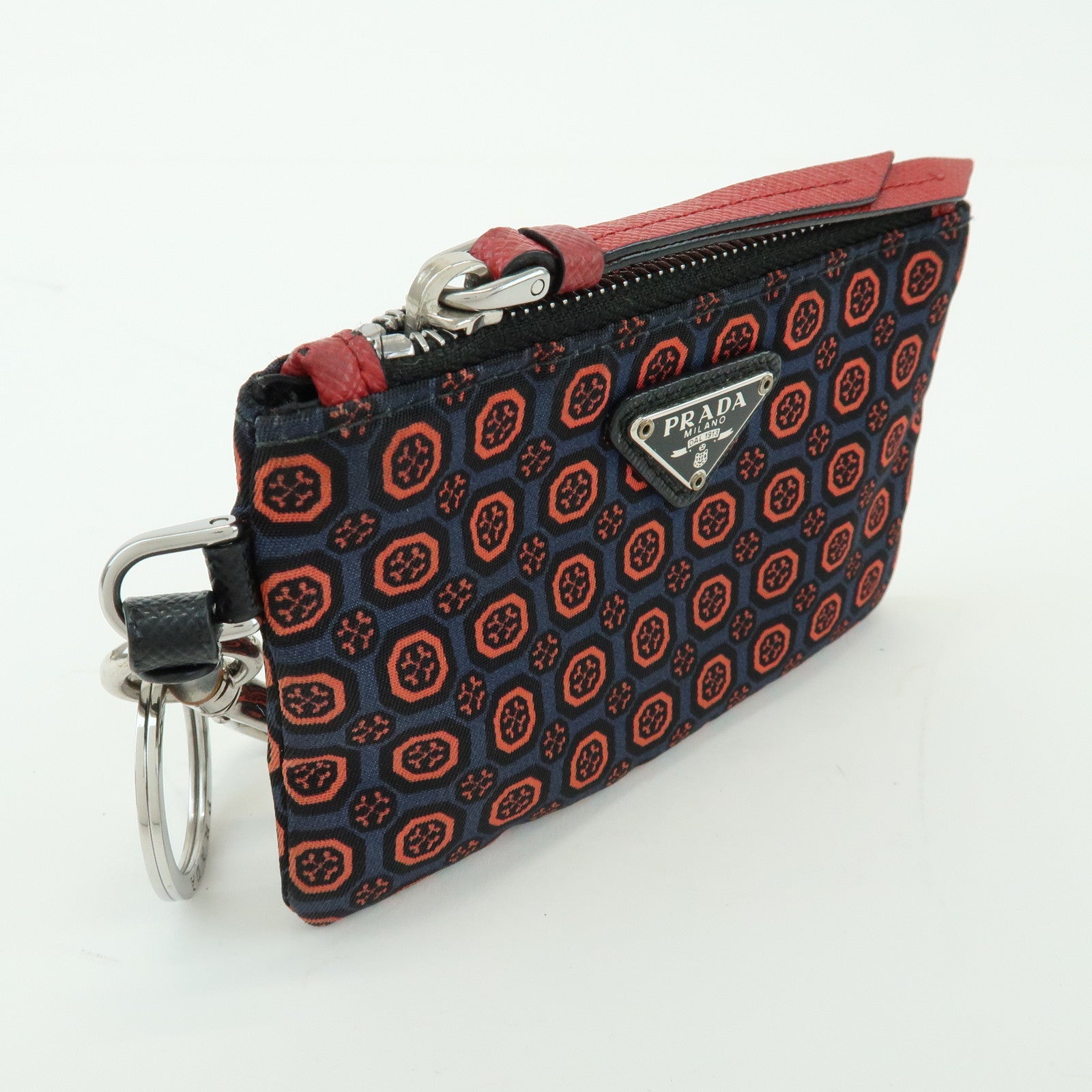 PRADA Triangle Logo Nylon Leather Mini Pouch Key Ring Navy 2TT072