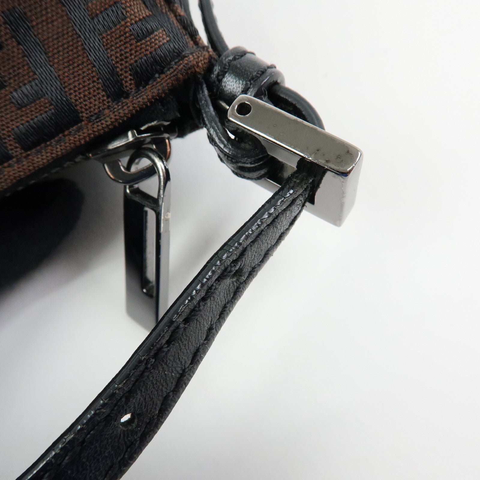 FENDI Zucchino Canvas Leather Shoulder Bag Brown Black 8BR267