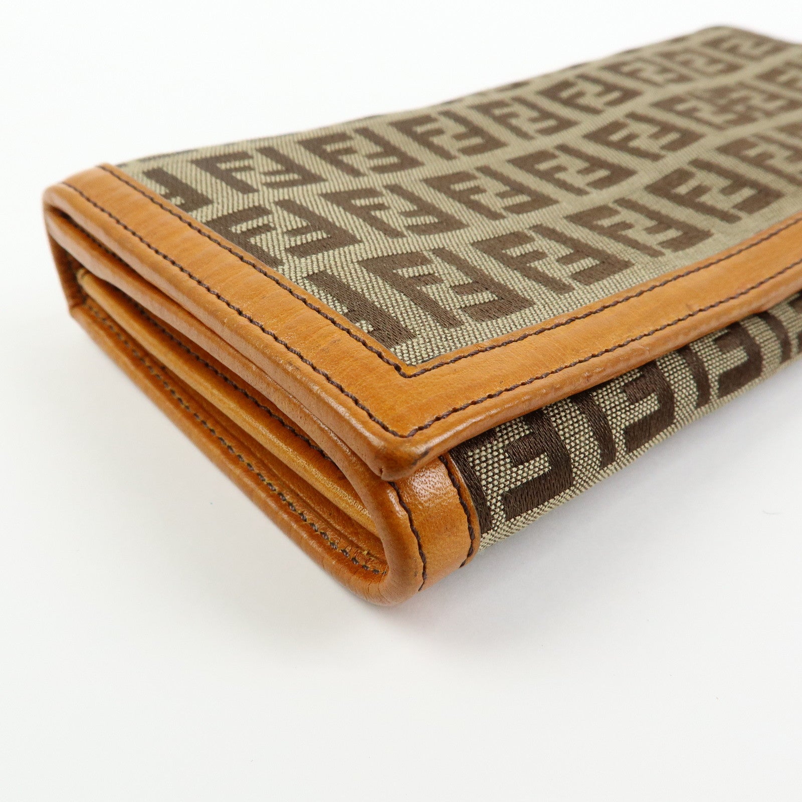 FENDI Zucchino Jacquard Canvas Leather Bi-fold Long Wallet Beige 8M0000