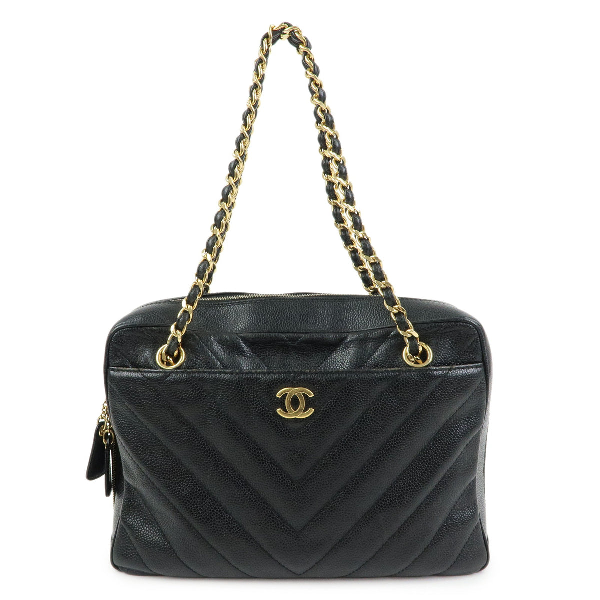 CHANEL Chevron COCO Mark Caviarskin Chain Shoulder Bag  Black