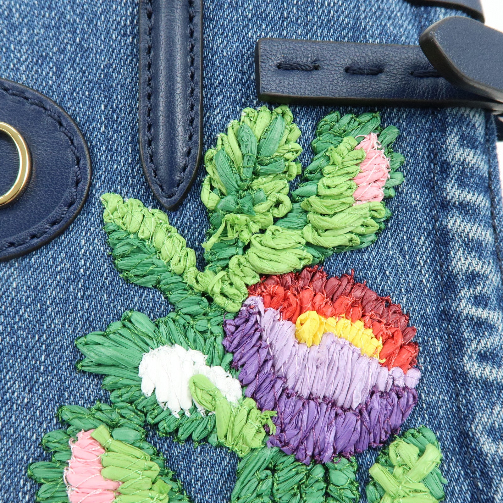 VALENTINO Denim Leather 2Way Hand Shoulder Bag Flower Embroidered