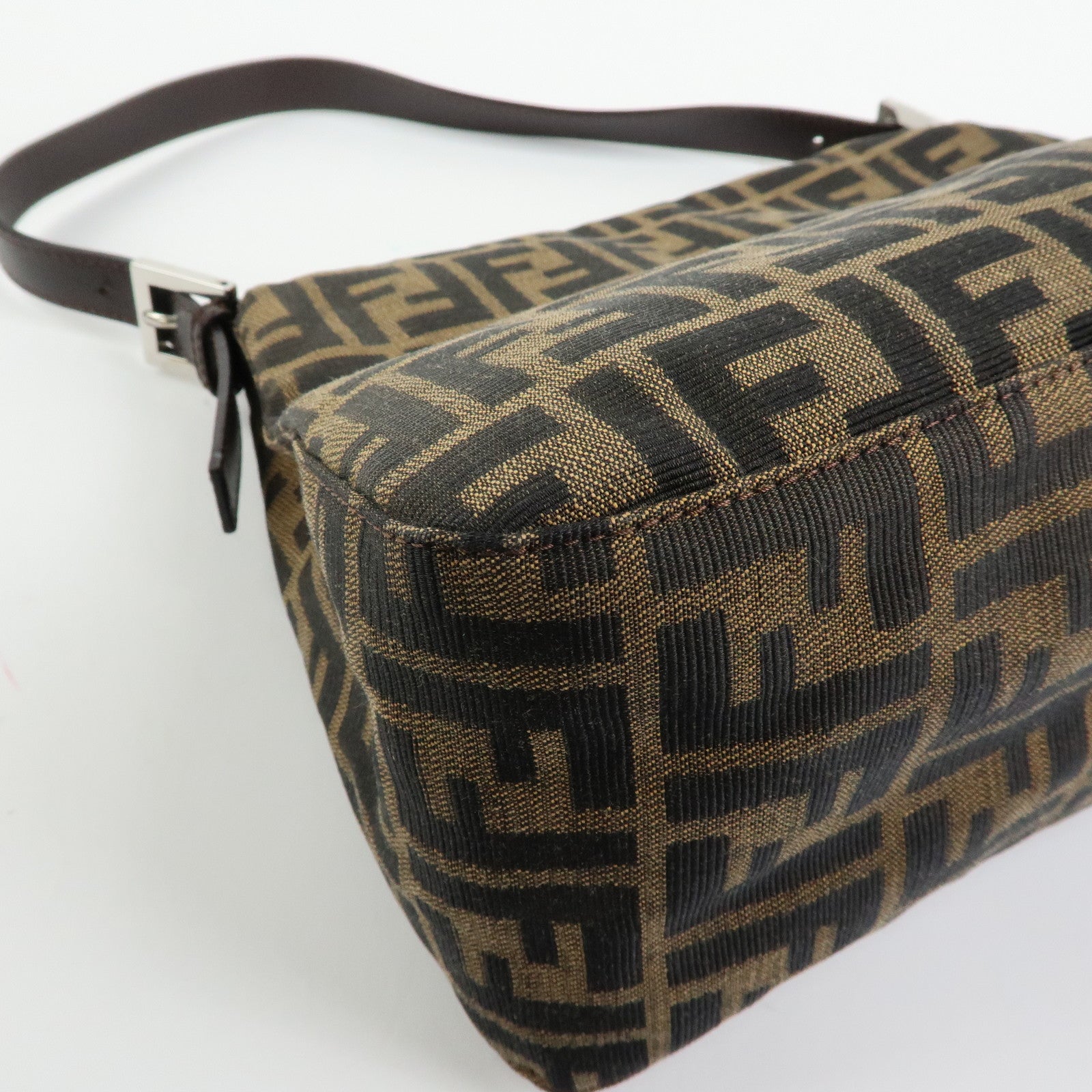 FENDI Mamma Baguette Zucca Canvas Leather Shoulder Bag Brown 26325