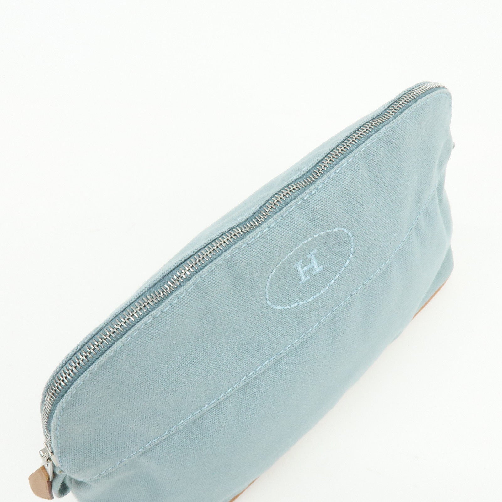 HERMES Bolide Pouch MM Cotton Leather Cosmetic Pouch Light Blue Brown