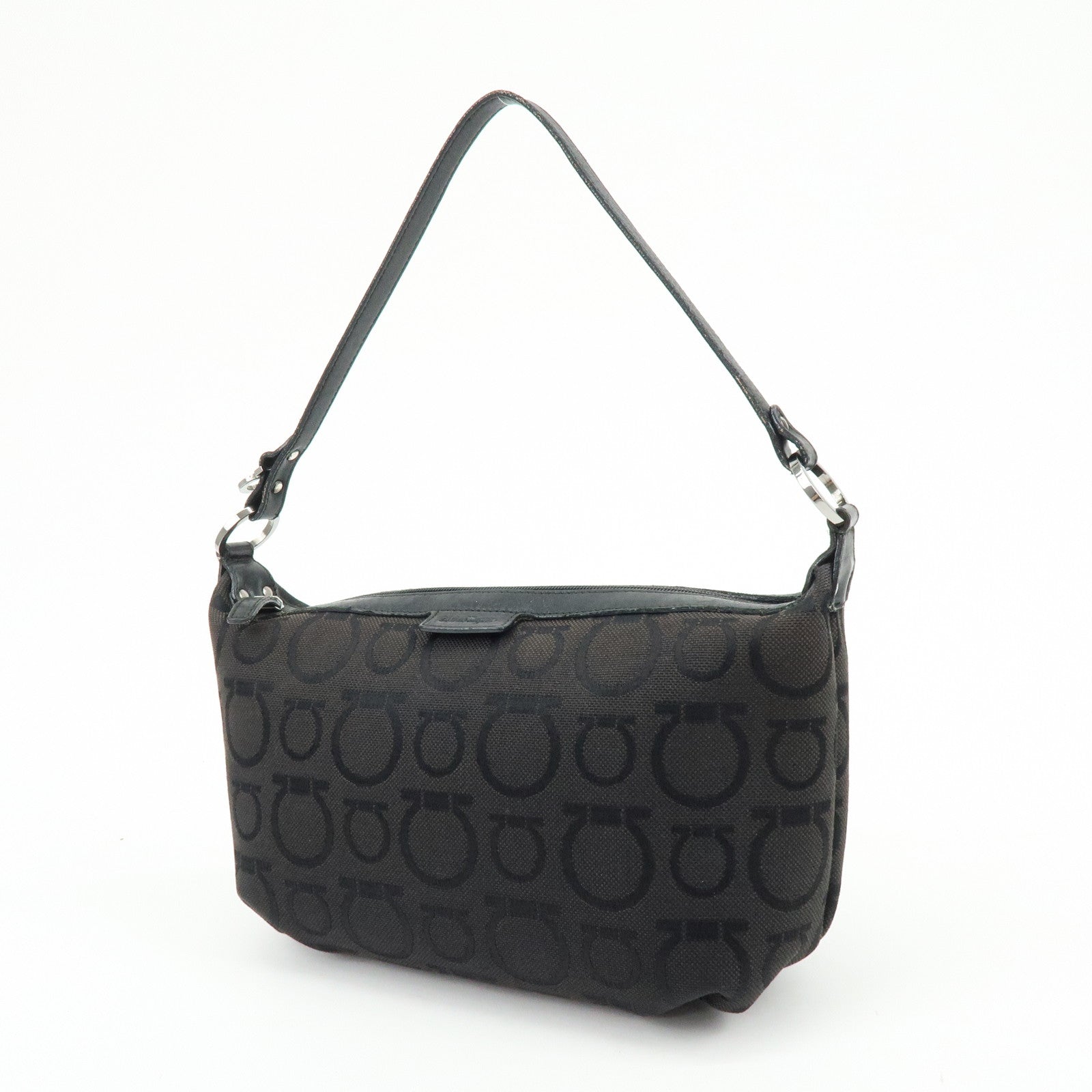 Ferragamo Gancini Canvas Leather Hand Bag Accessory Pouch Black