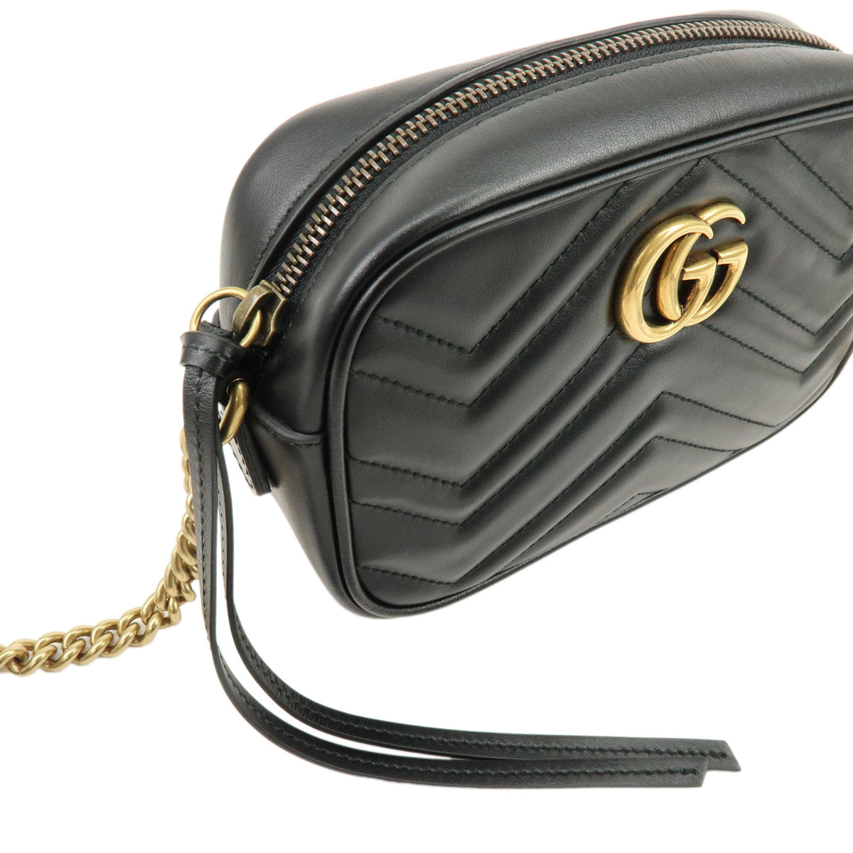 GUCCI GG Marmont Double G Shevron Leather Shoulder Bag Black 448065
