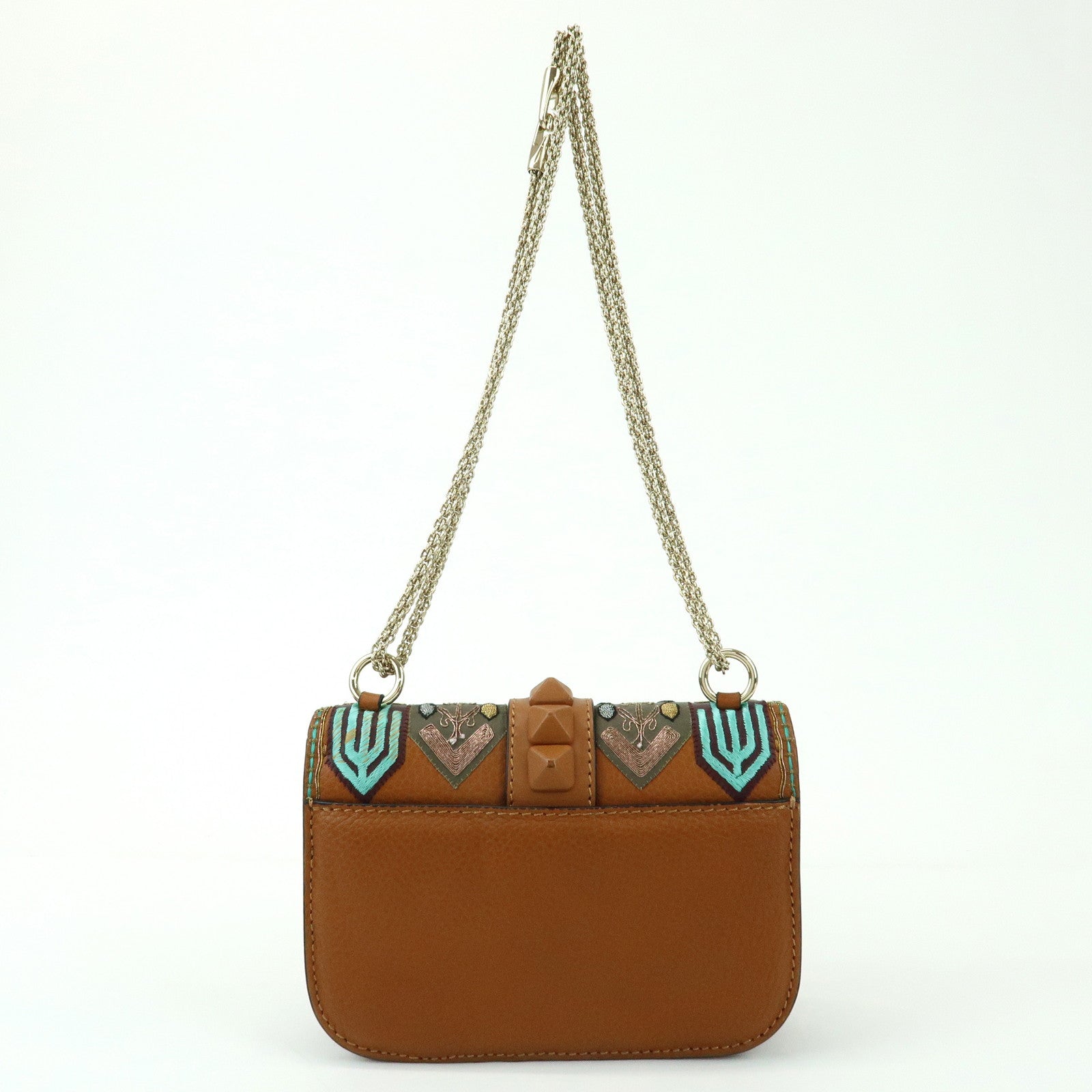 VALENTINO Glam Lock Embroidery Leather Chain Shoulder Bag Brown