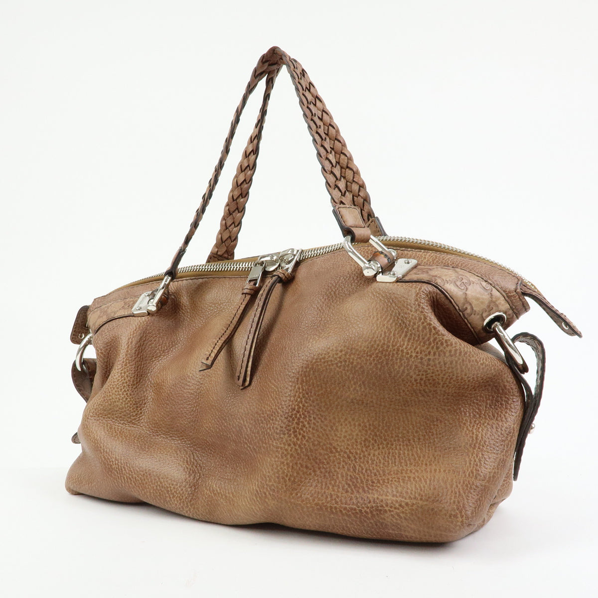 GUCCI Bamboo Embossed Leather Boston Bag Hand Bag Brown 232959