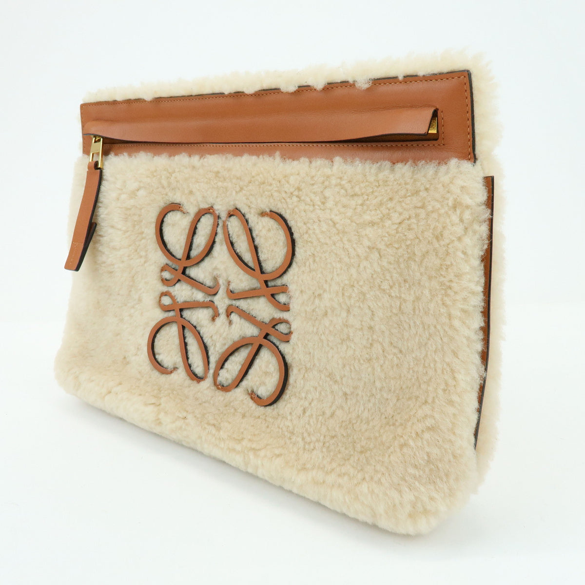 LOEWE Anagram Shearling Leather Clutch Bag Pouch Beige Brown