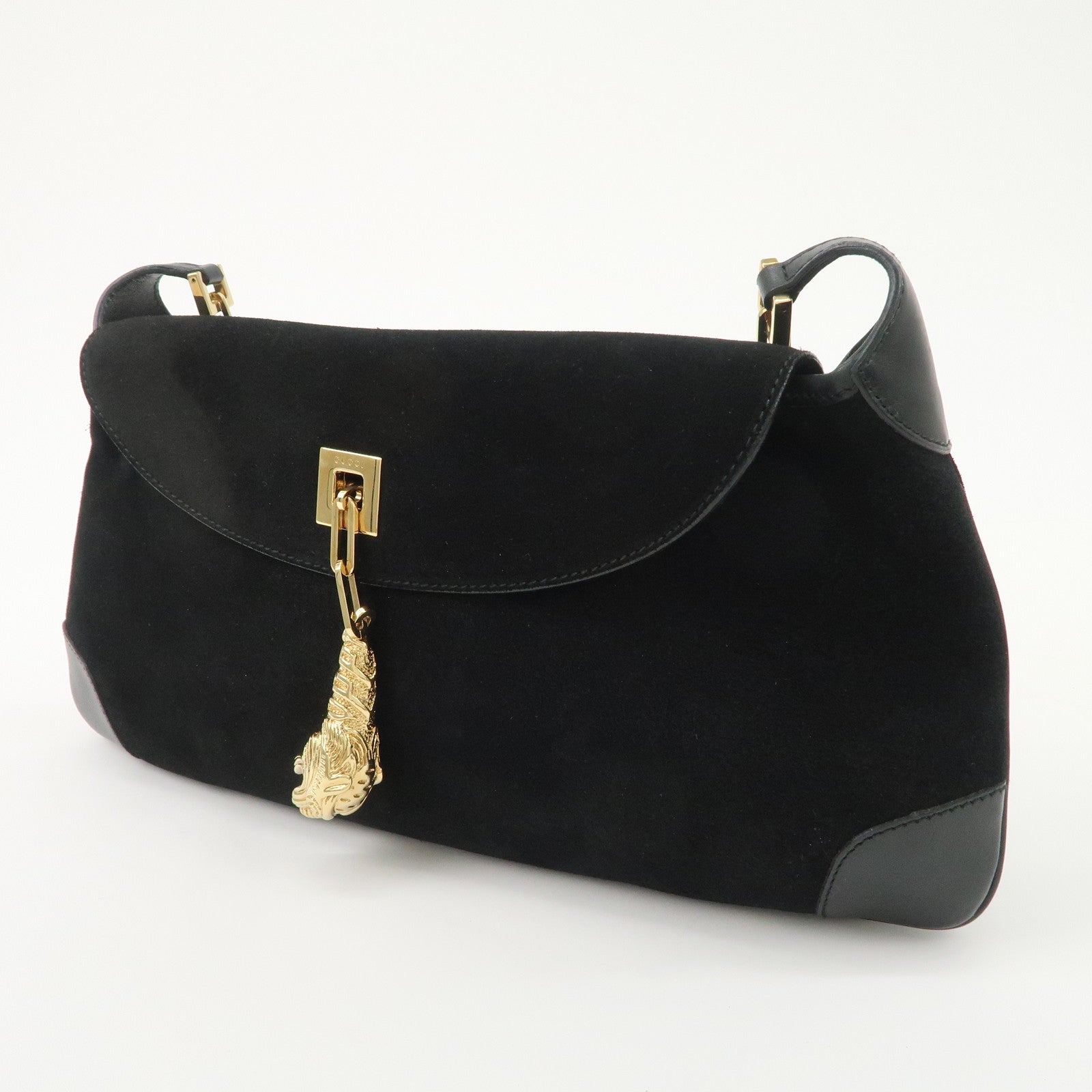 GUCCI Tigar Head Suede Leather Chain Shoulder Bag Black 001.4113 Used