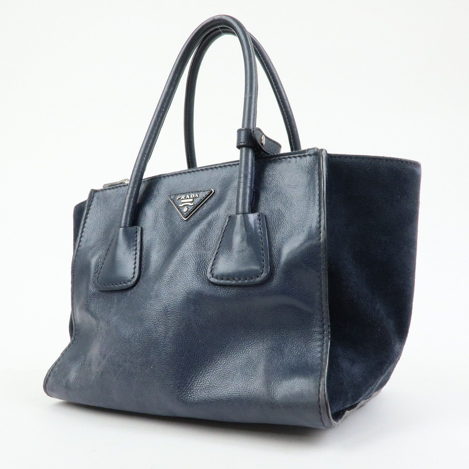 PRADA Triangle Logo Leather 2Way Bag Tote Bag Hand Bag Navy B2625M