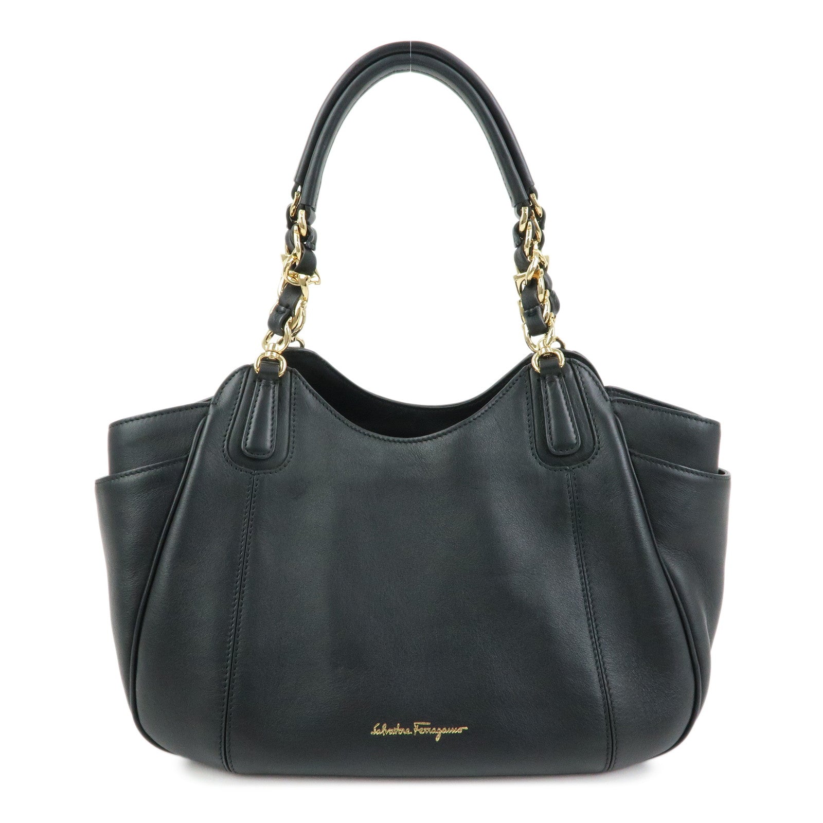 Ferragamo Gancini Leather Hand Bag Shoulder Bag Black 21 F077