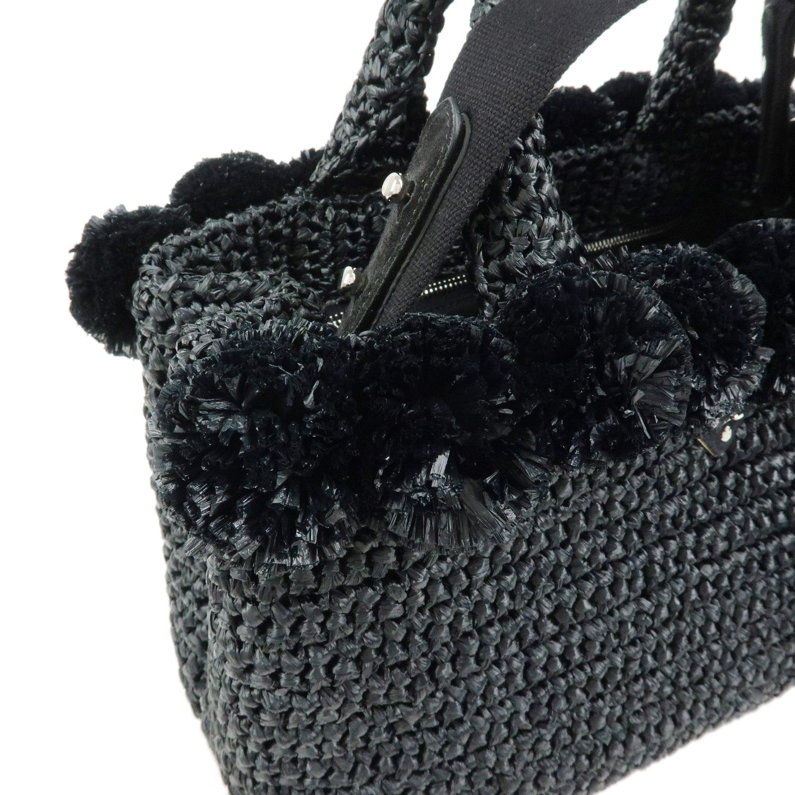 PRADA Triangle Logo Canapa Raffia Pon Pon 2Way Shoulder Tote Bag Black