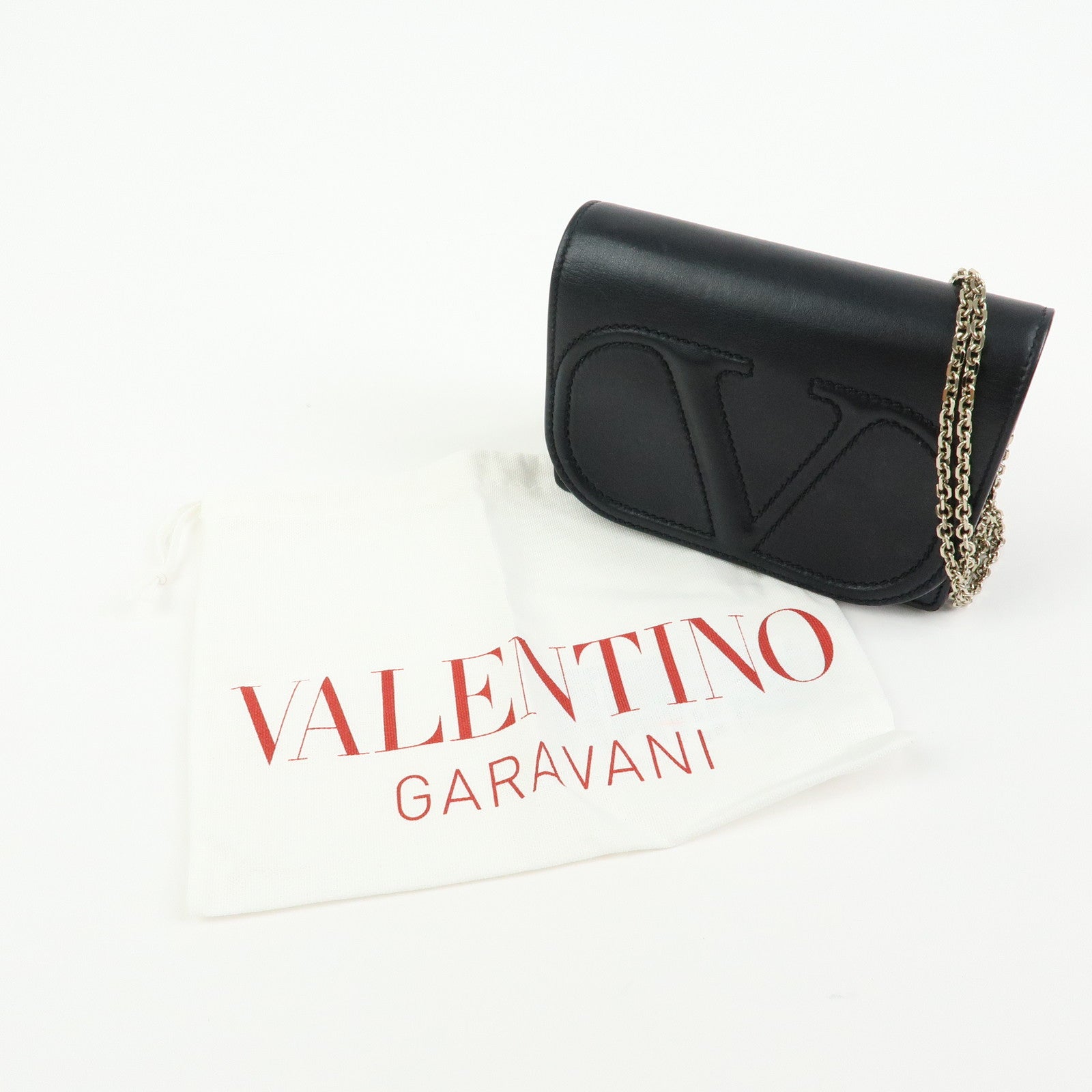 VALENTINO Garavani V Logo Walk Leather Chain Shoulder Hand Bag Black