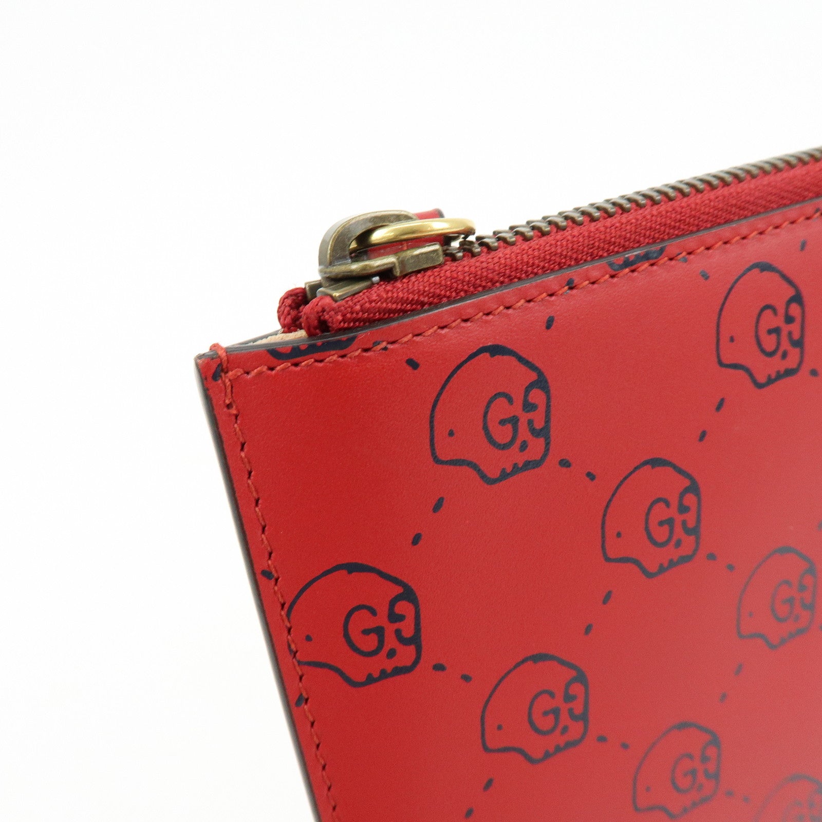 GUCCI Leather Gucci Ghost Skull Print Clutch Bag Flat Pouch Red 457010