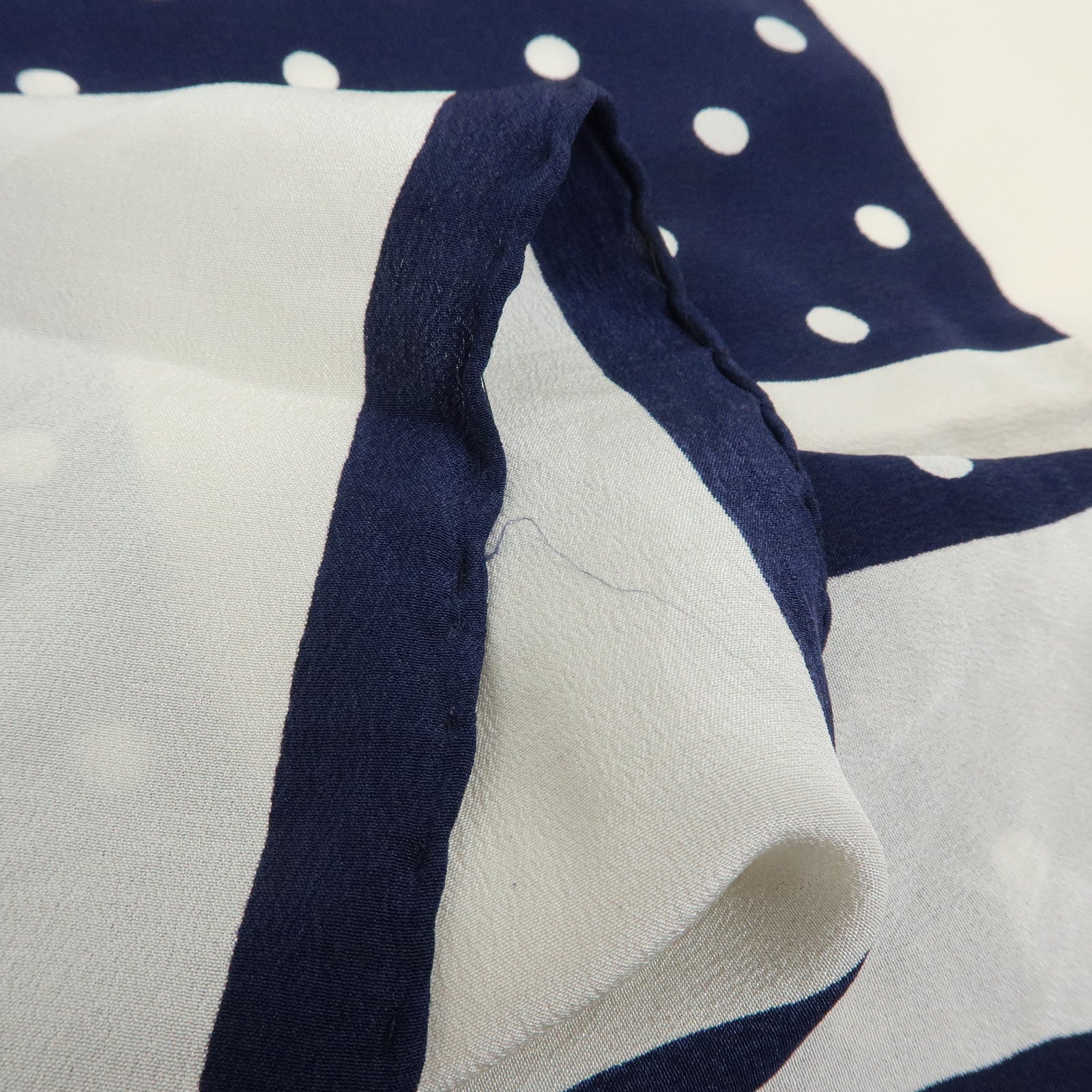 CHANEL Silk 100% Scarf Poka Dots Ribbon Design White Navy