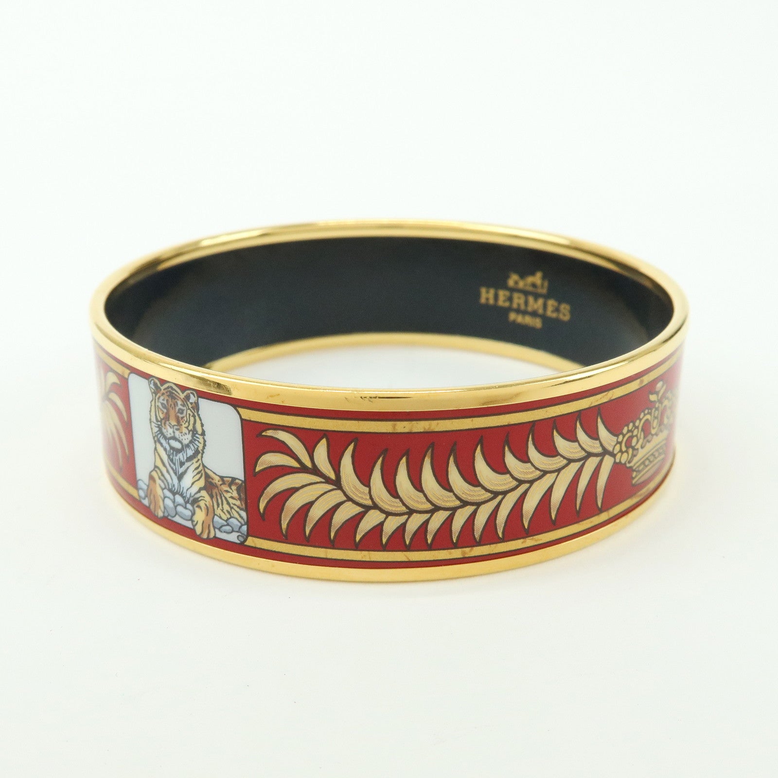 HERMES Email MM Gold Plated Bangle Bracelet Tiger Motif Red Gold