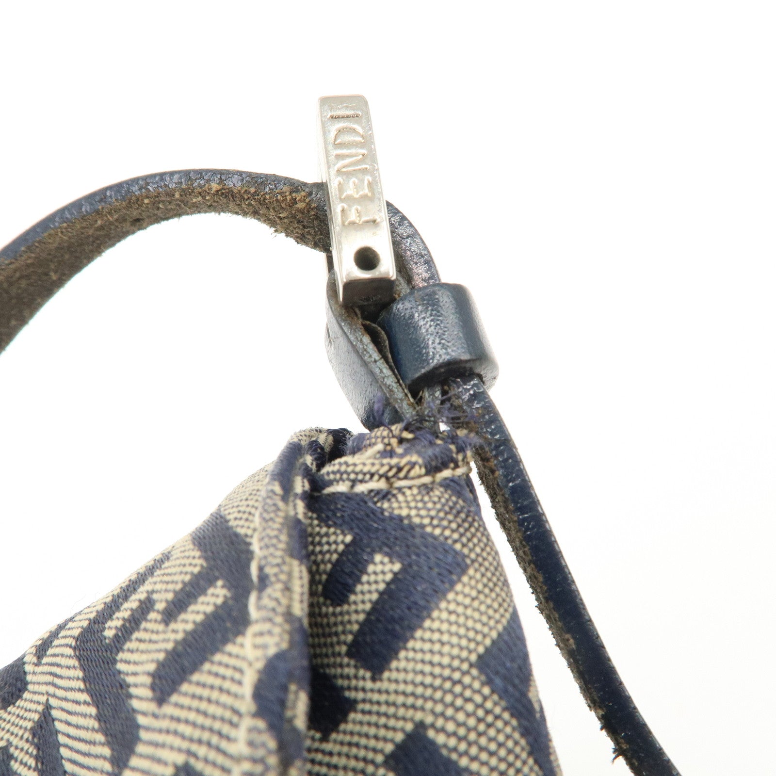 FENDI Zucchino Canvas Leather Shoulder Bag Hand Bag Grey Navy 26796 Used