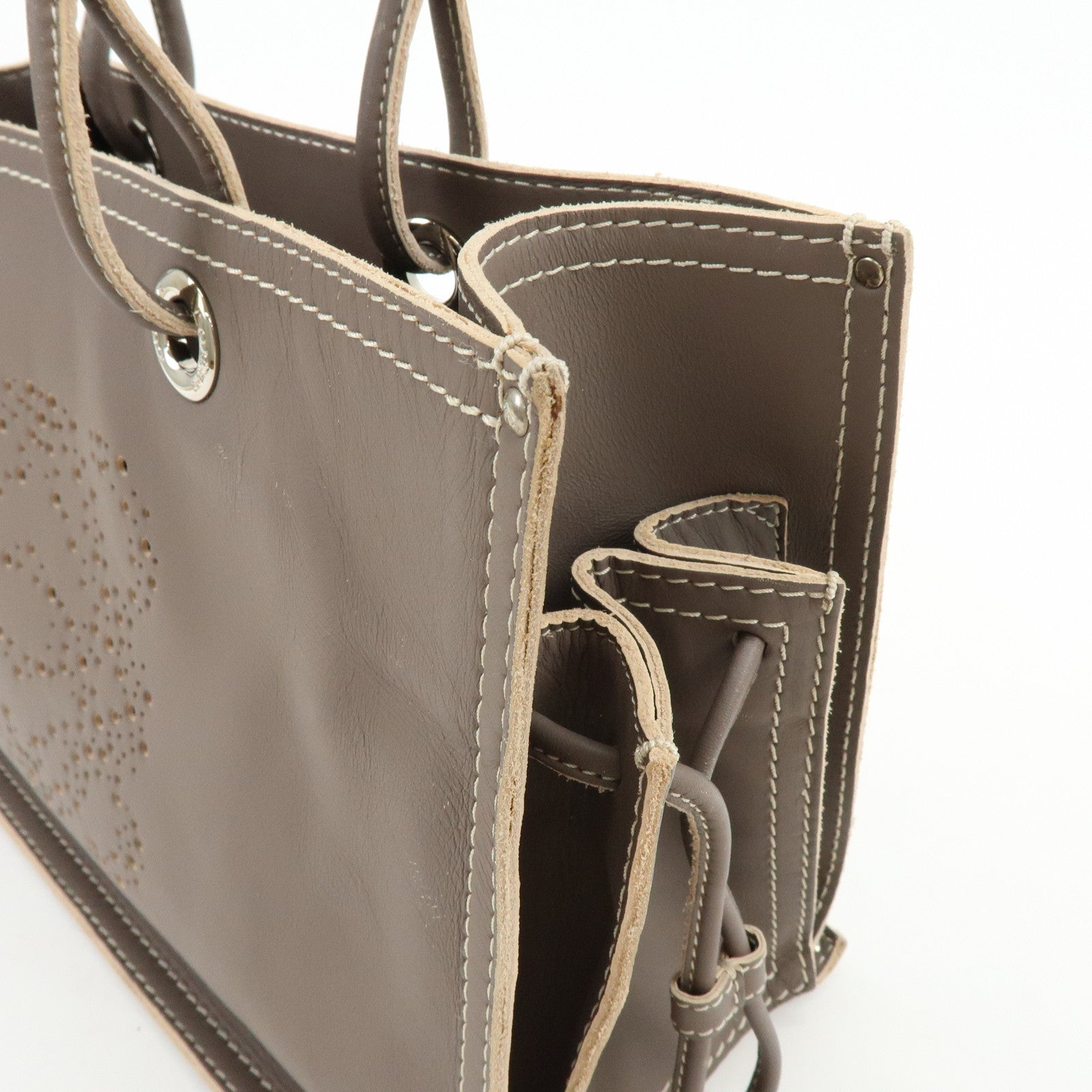 LOEWE Anagram Perforated Shopper Tote Bag Leather Shoulder Bag Brown