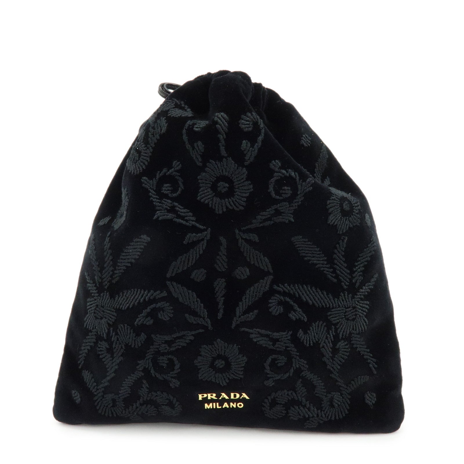 PRADA Logo Velvet Leather Drawstring Pouch Embroidery Black 1MU001