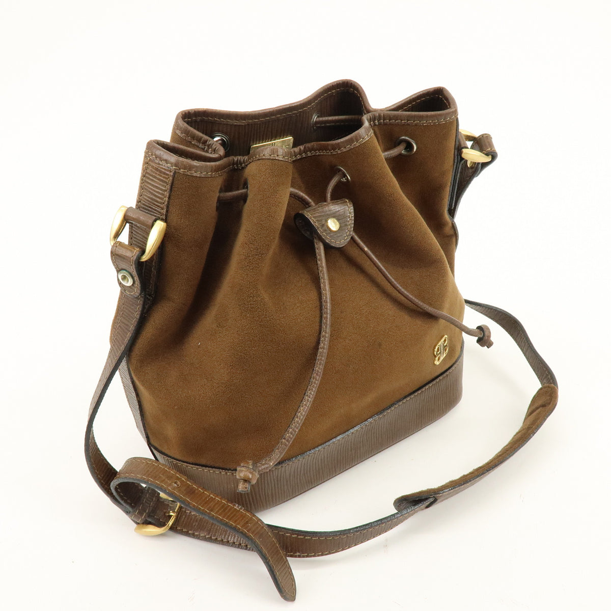 BALENCIAGA BB Logo Suede Leather Shoulder Bag Bucket Bag Brown