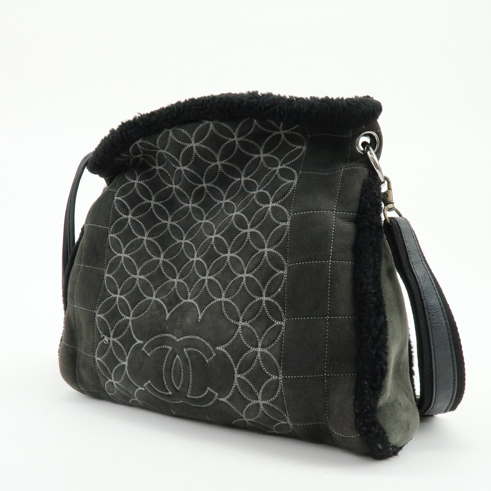 CHANEL Mouton Fur Leather Shoulder Bag with Strap Set Black