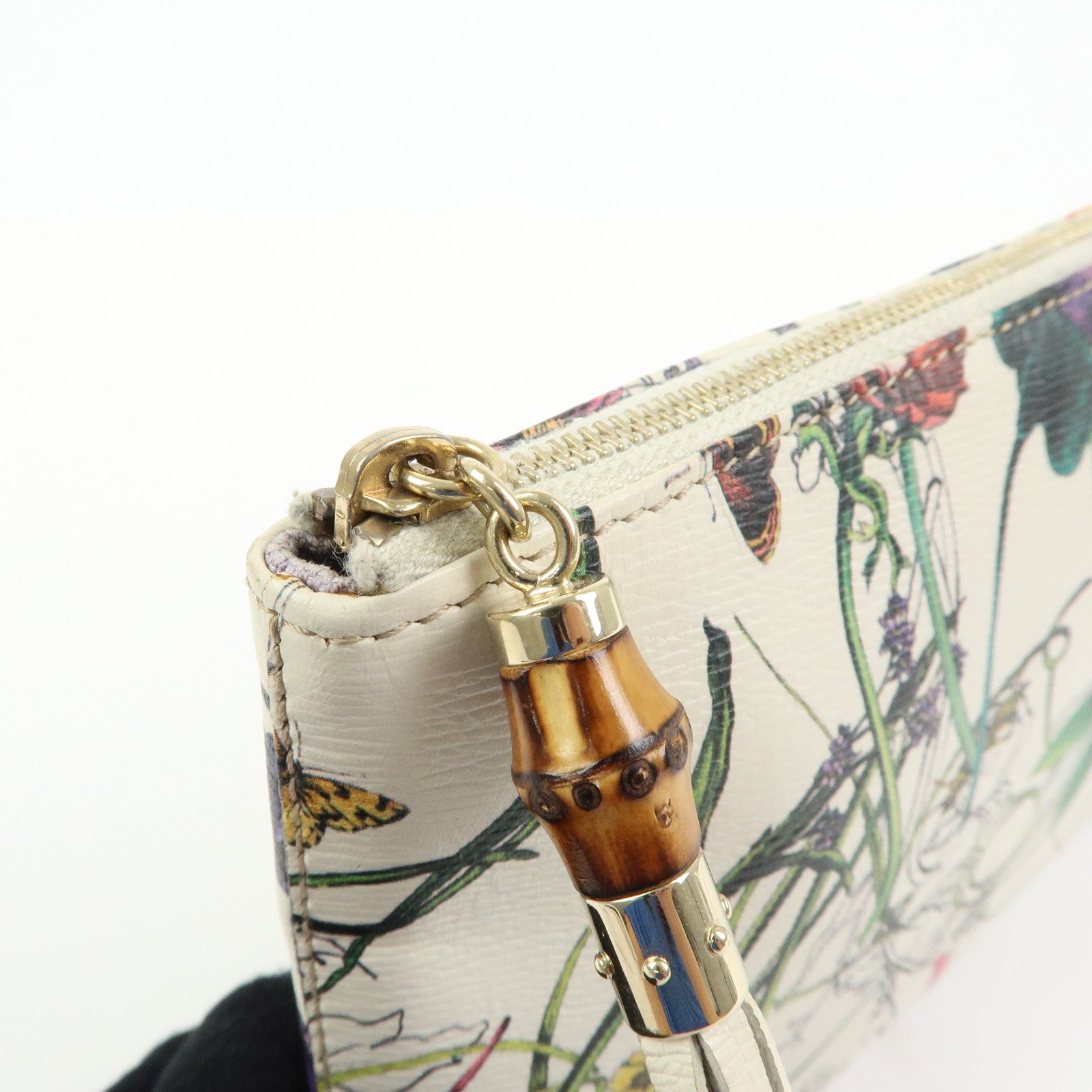 GUCCI Flora Bamboo Leather Cosmetic Accessory Pouch Ivory 338815