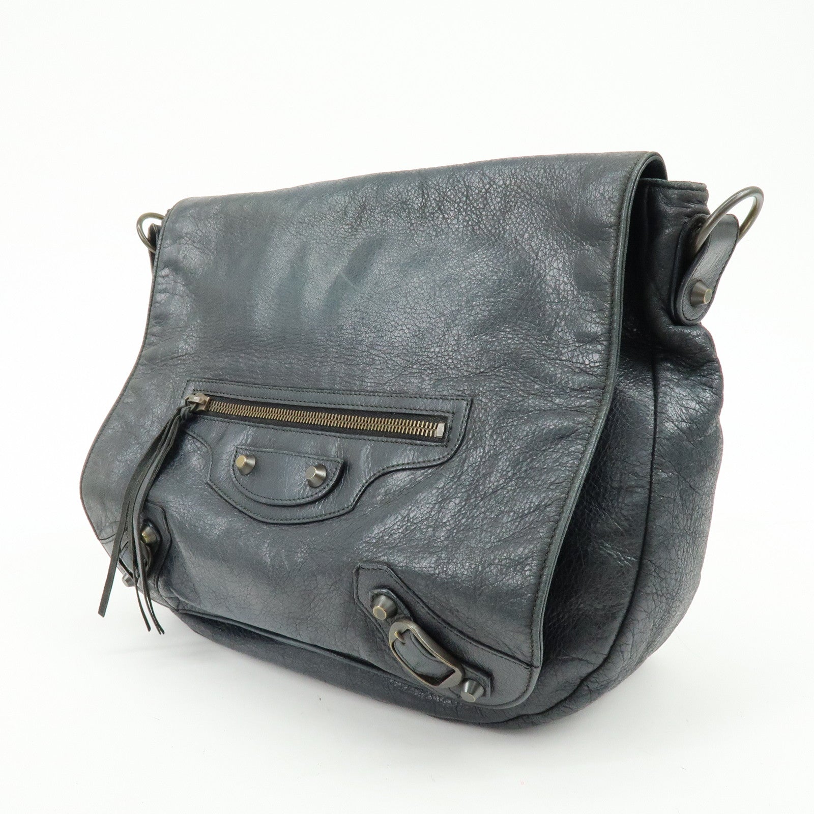 BALENCIAGA THE FOLK Leather Shoulder Bag Black 246432