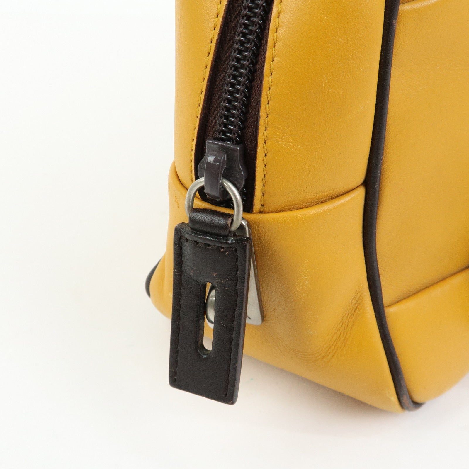 PRADA Leather Bicolor Hand Bag Bowling Bag Yellow Brown