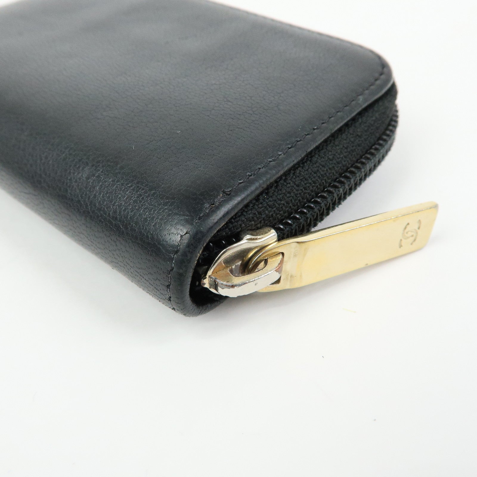 CHANEL COCO Mark Calf Skin Round Zippy Compact Wallet Black