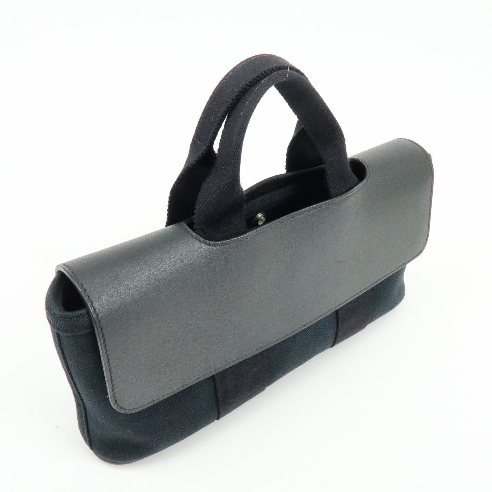 HERMES Valparaiso Long PM Toile Chevron Leather Hand Bag Black