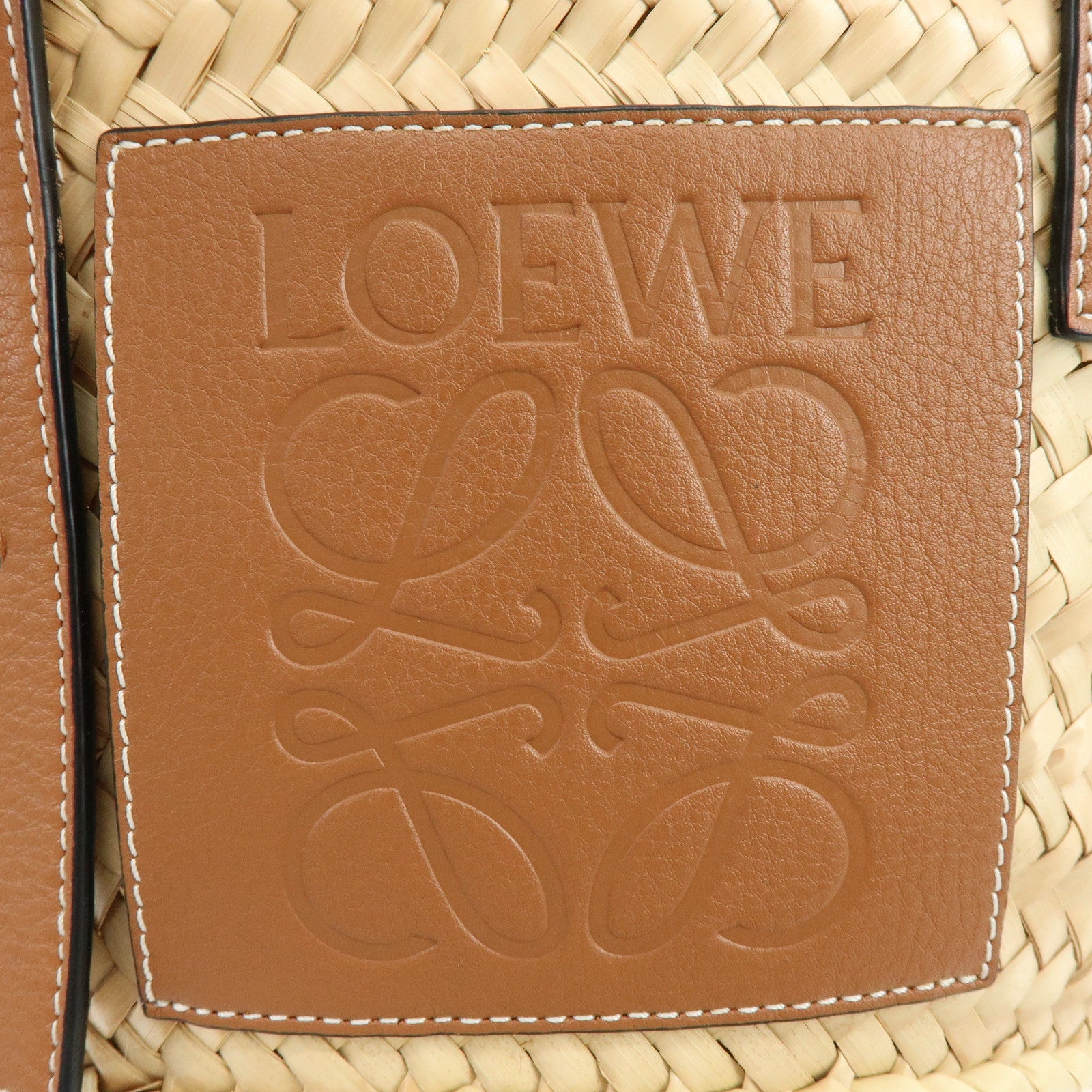 LOEWE  Raffia Leather Basket Bag Hand Bag Natural Tan