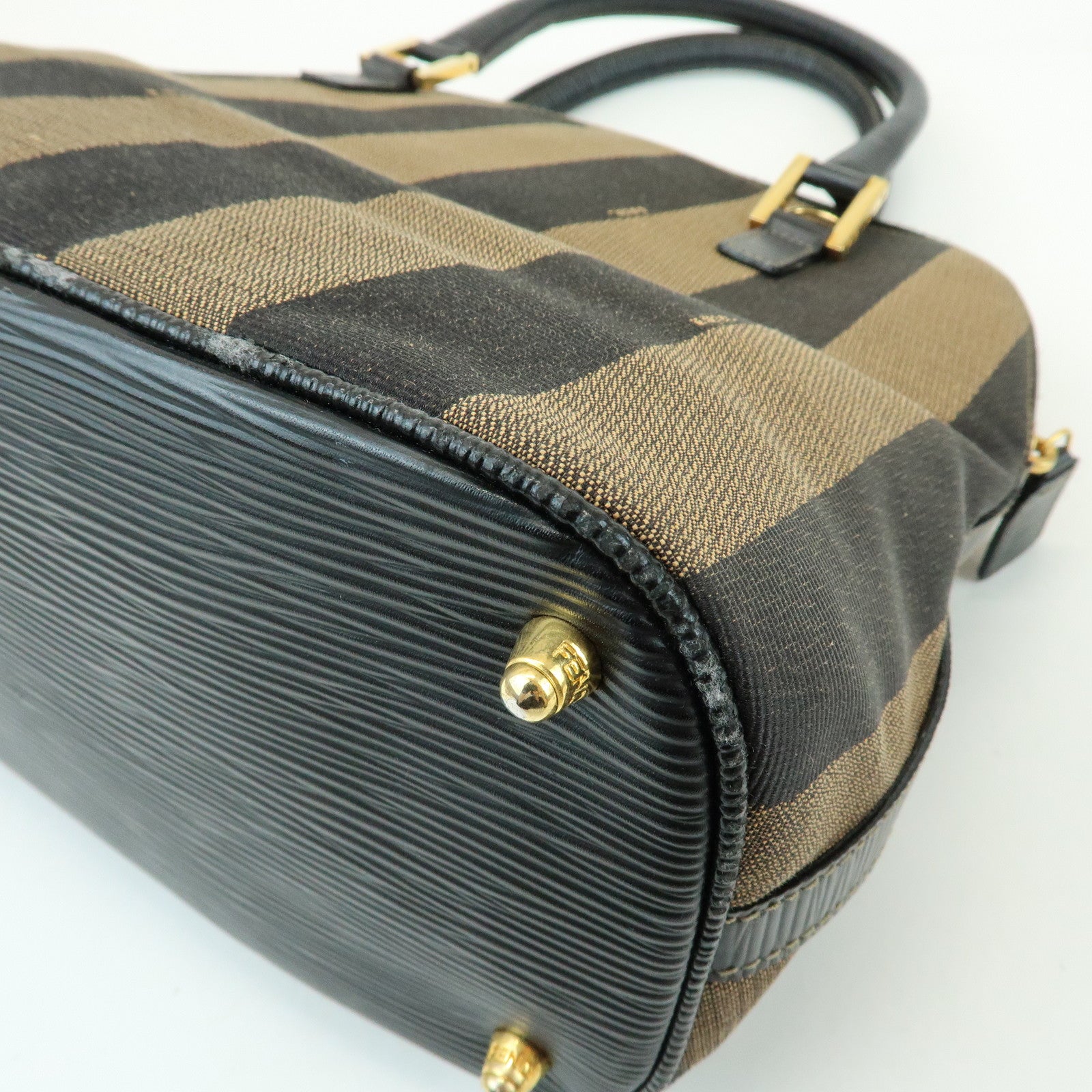 FENDI Pequin Canvas Embossed Leather 2Way Bag Hand Bag Brown