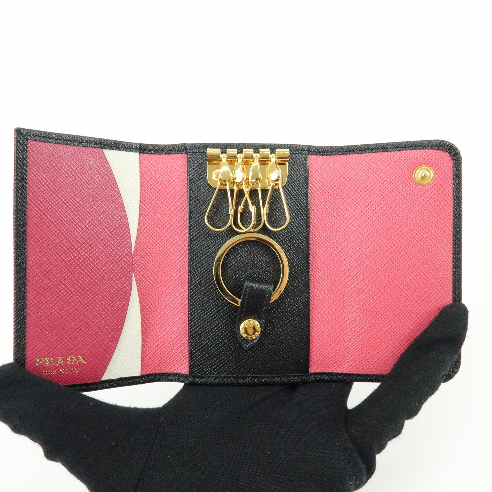 PRADA Logo Saffiano Leather 4 Ring Key Case Key Holder Black 1PG004