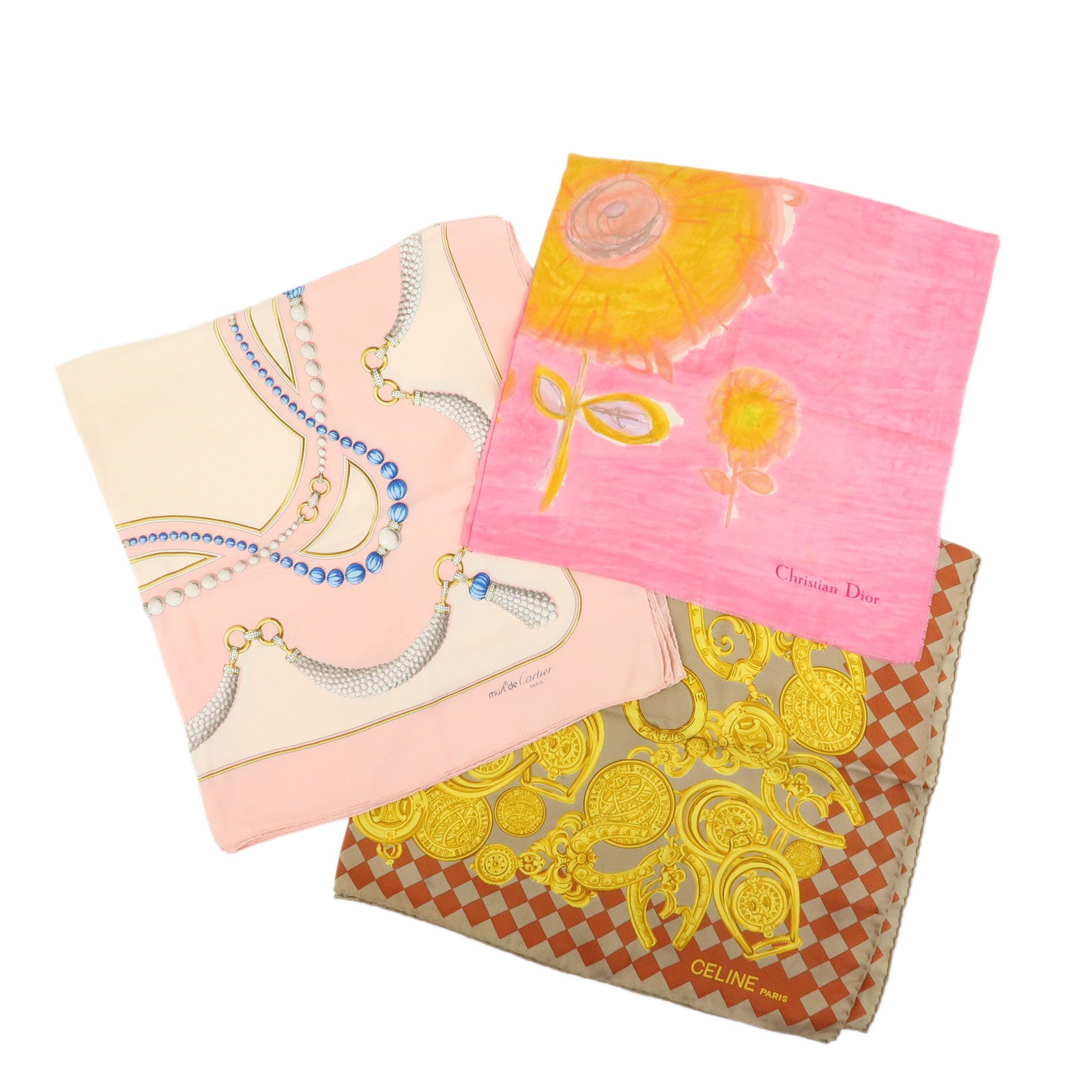 Christian Dior CELINE Cartier Lot of 3 Silk 100% Scarf Pink Gold Beige