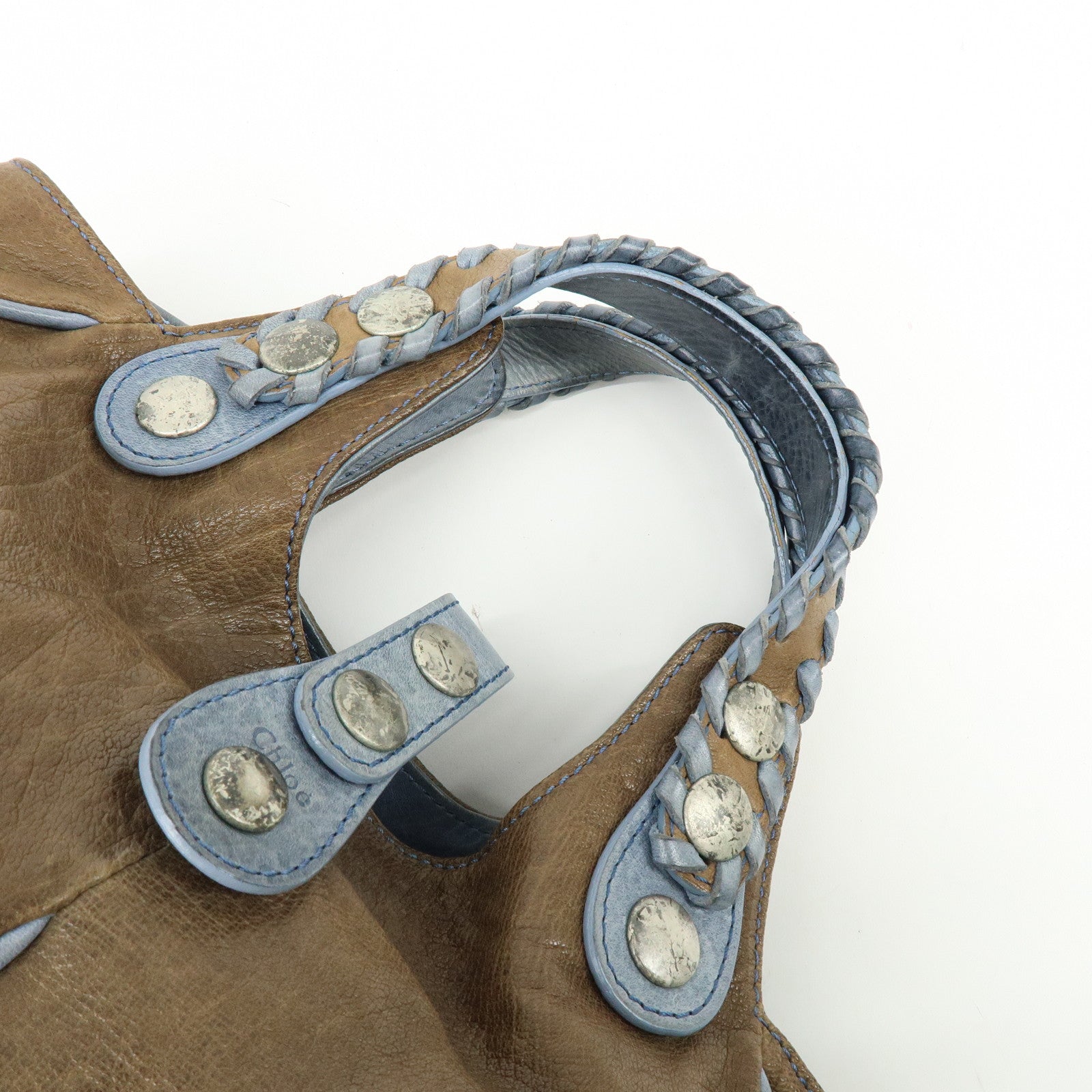 Chloe Silverado Leather Hand Bag Tote Bag Blaided Studs Brown Blue