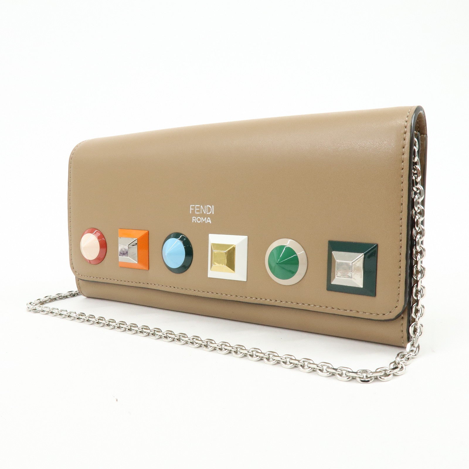 FENDI Leather Studs Chain Shoulder Wallet Long Wallet Beige 8M0365