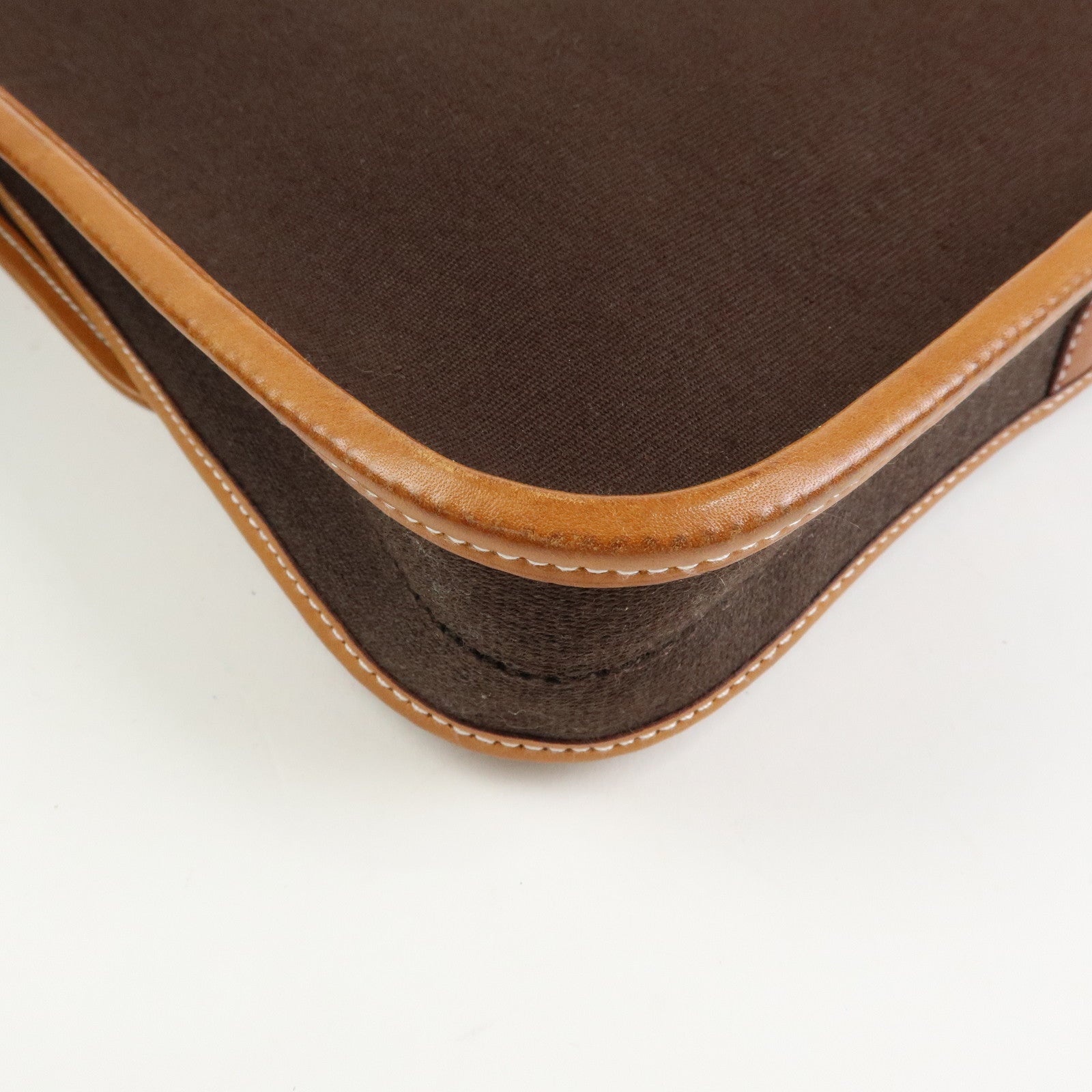 HERMES Buenaventura PM Toile Officier Leather Shoulder Bag Dark Brown