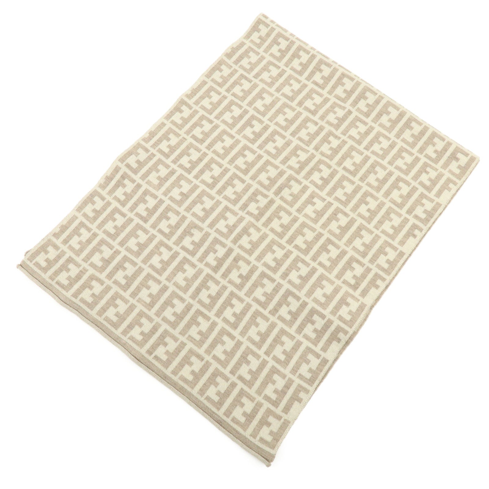 FENDI Zucca FF Logo Wool100% Scarf Stole Beige Ivory
