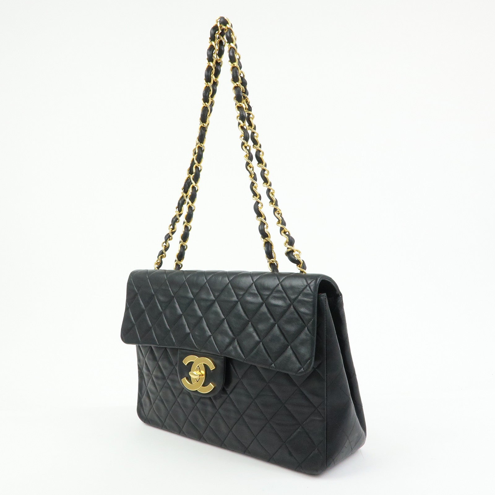 CHANEL Jumbo Matelasse 34 COCO Mark Lamb Skin Shoulder Bag Black A01094