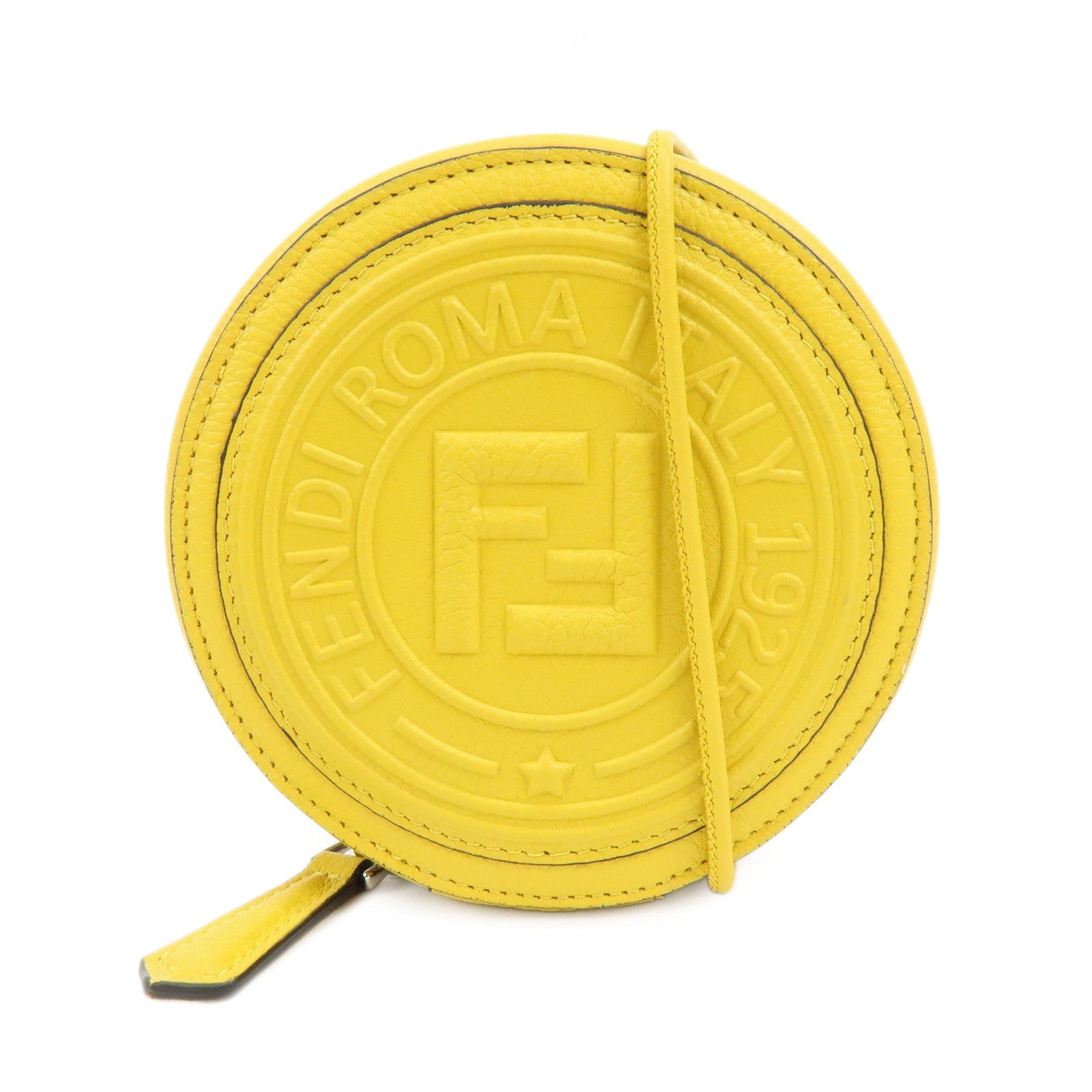 FENDI FF Logo Leather Round Zip Shoulder Bag Yellow 7M0359