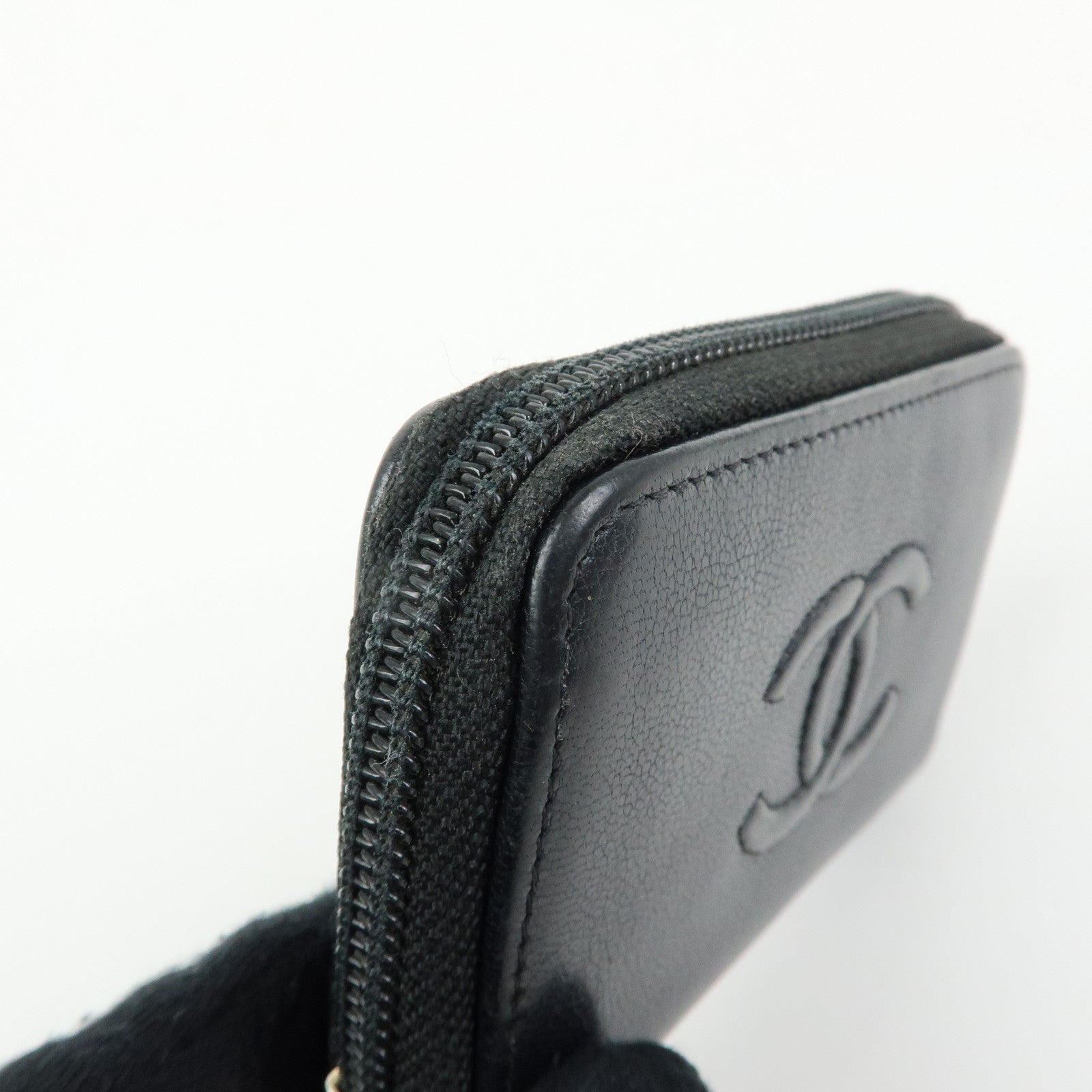 CHANEL COCO Mark Calf Skin Round Zippy Compact Wallet Black