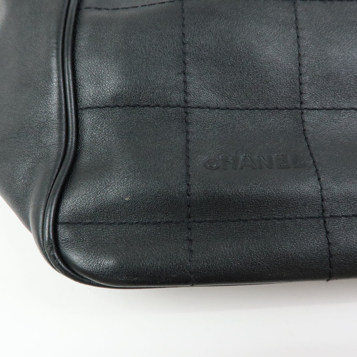 CHANEL Chocolate Bar COCO Mark Lamb Skin Hand Bag Tote Bag Black