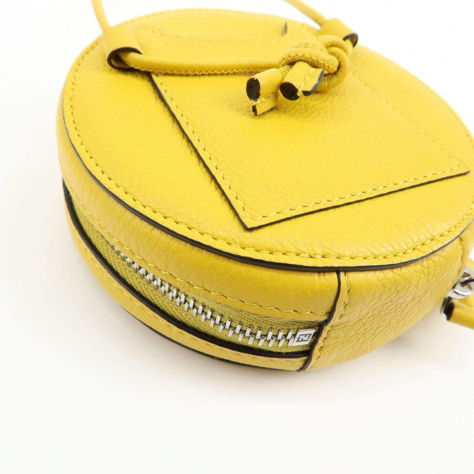 FENDI FF Logo Leather Round Zip Shoulder Bag Yellow 7M0359