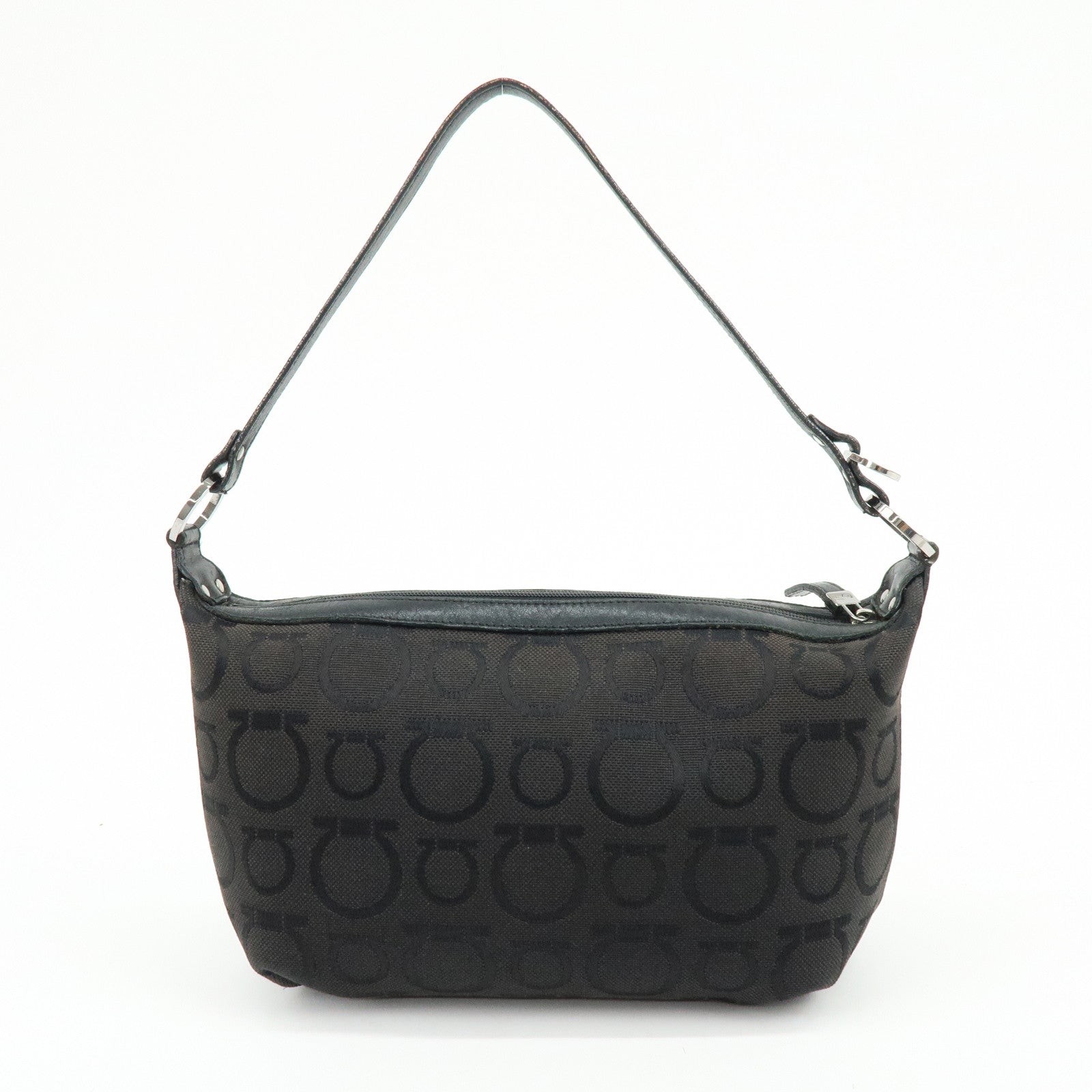 Ferragamo Gancini Canvas Leather Hand Bag Accessory Pouch Black