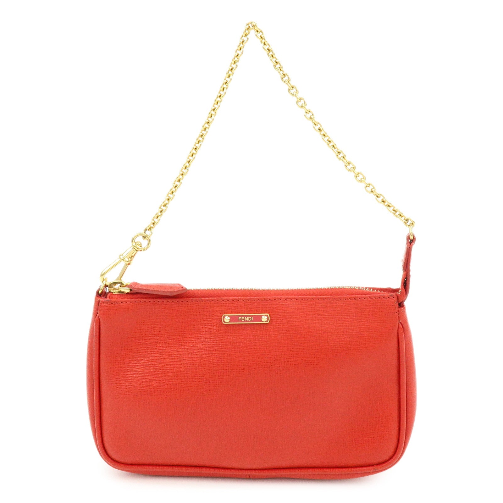 FENDI Embossed Leather Chain Accessary Pouch Hand Bag Red 8M0271