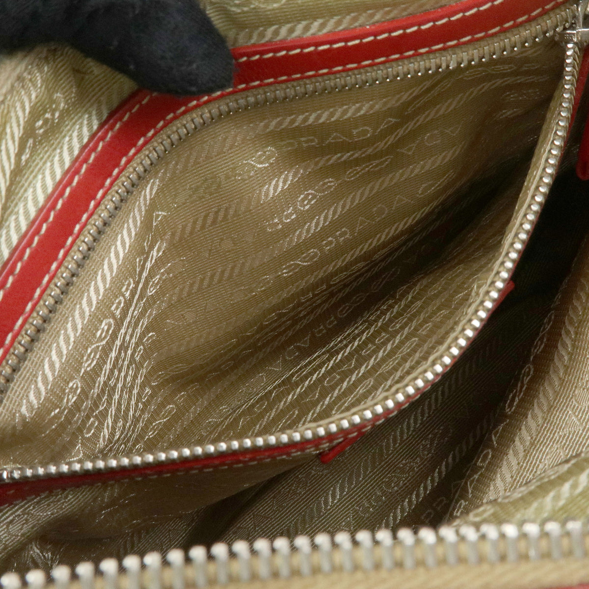 PRADA Logo Jacquard Leather Shoulder Bag Hand Bag Beige Red BR3429