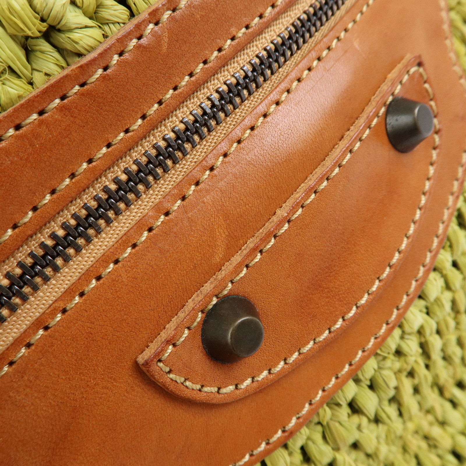 Balenciaga Panier Raffia Leather Basket Tote Bag Green Brown 236741