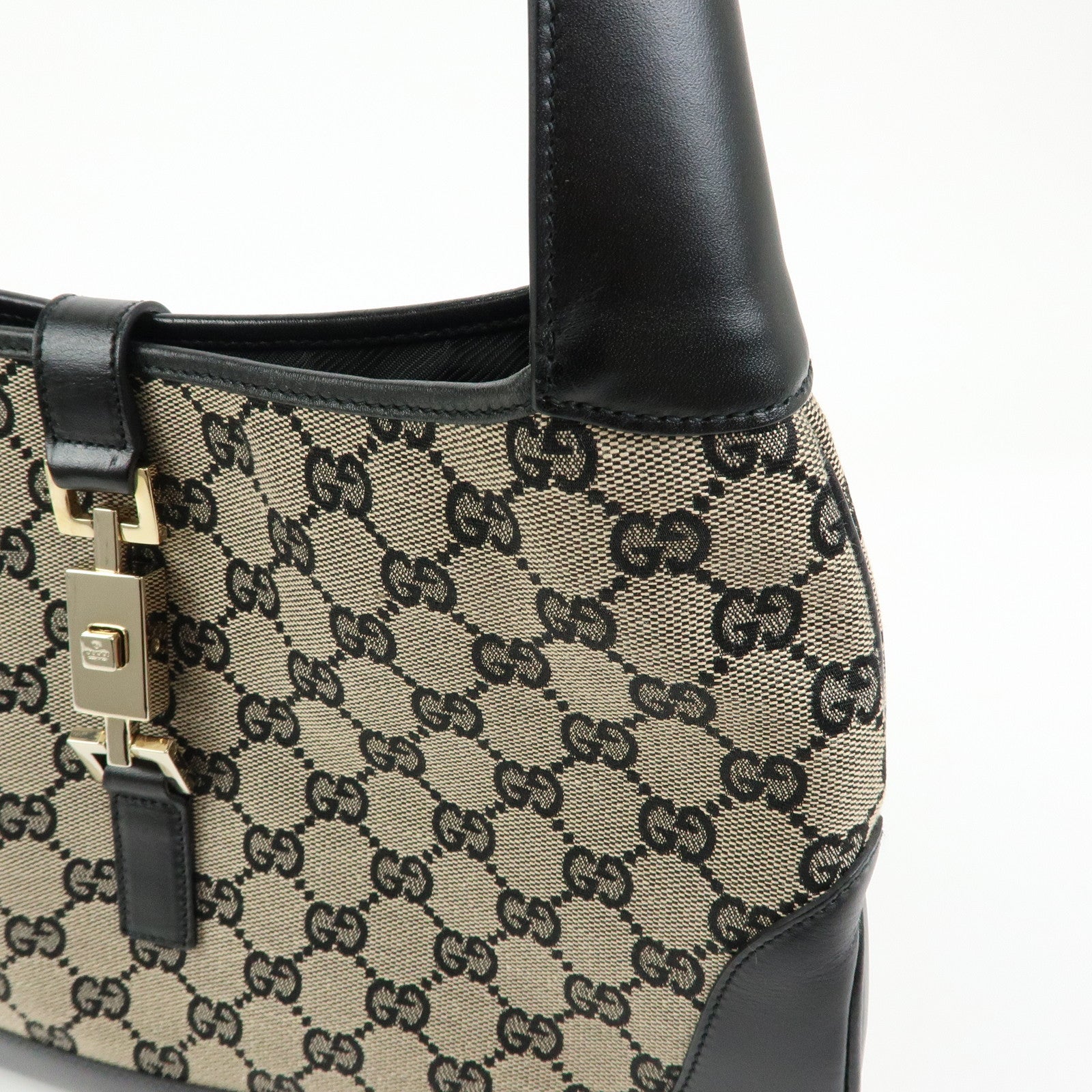 GUCCI Jackie GG Canvas Leather Shoulder Bag Beige Black 0013306