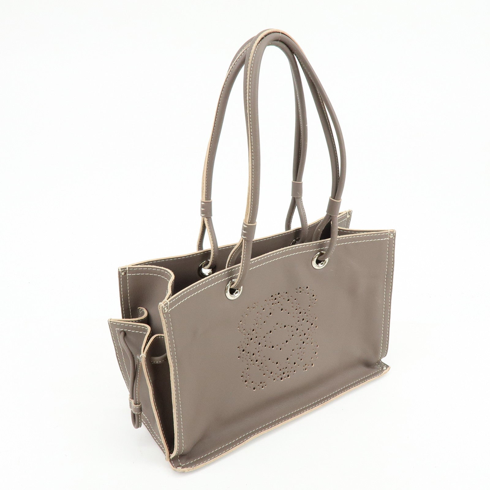 LOEWE Anagram Perforated Shopper Tote Bag Leather Shoulder Bag Brown