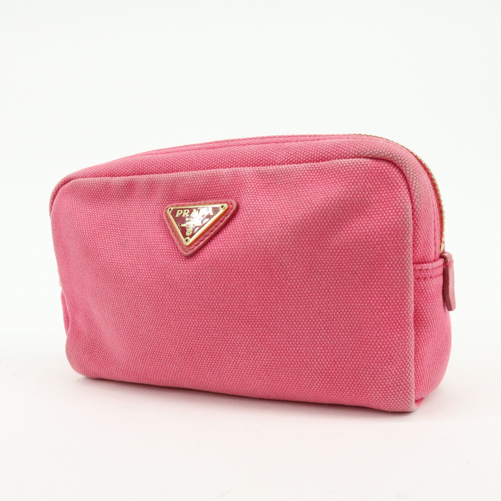 PRADA Triangle Logo Canvas Leather Pouch Cosmetic Pouch Pink